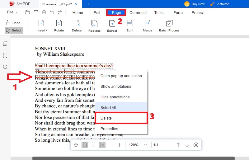 add pdf, locate text, hit page button and delete