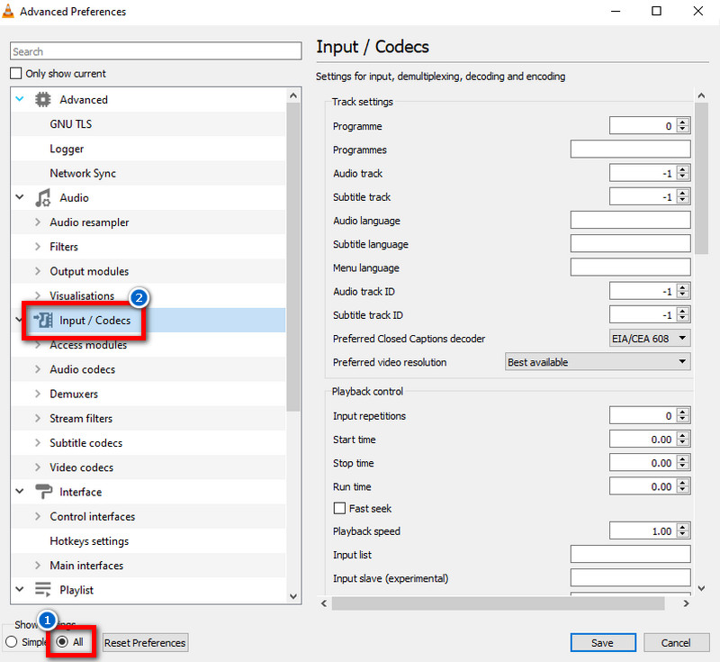 navigate the input/codecs option in the advanced settings