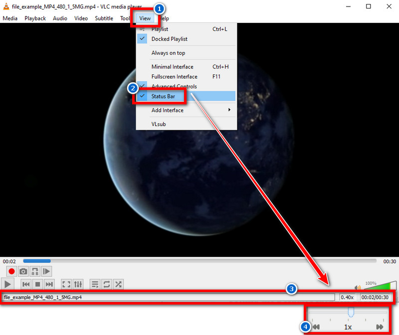 enable status bar to adjust the speed of the video