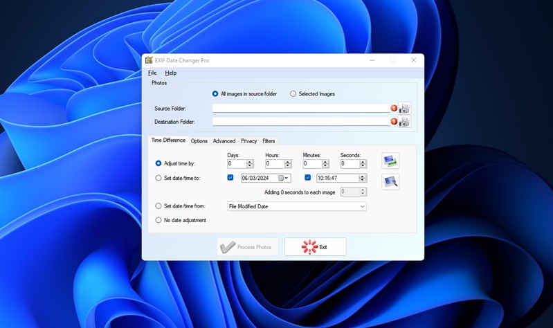 exif date changer interface