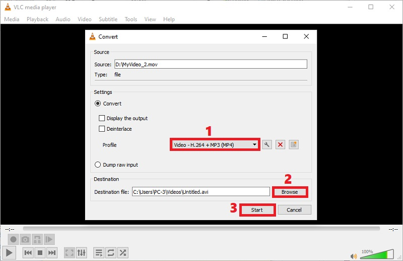 select mp4 format, hit browse and start button