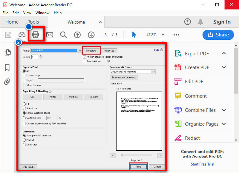 adobe acrobat reader print options