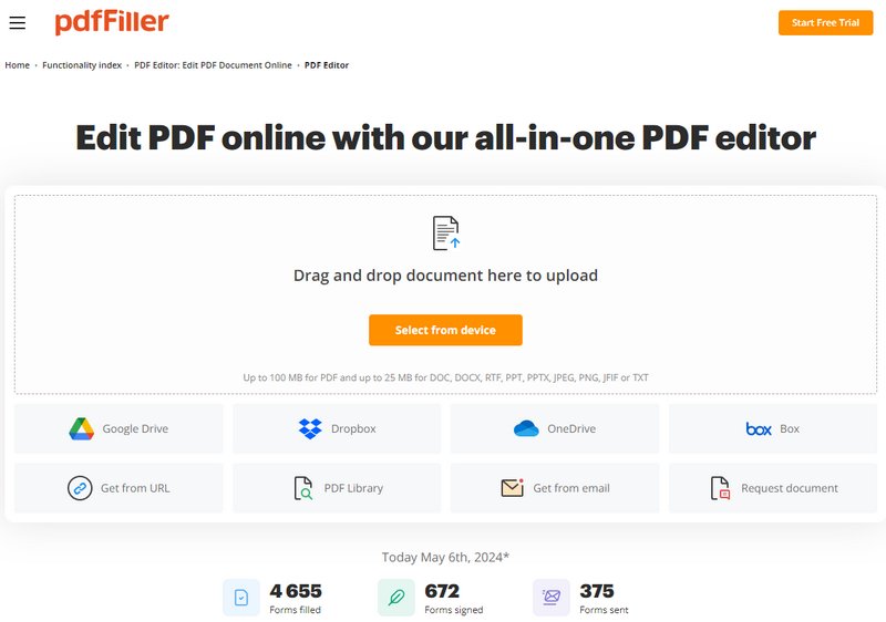 pdffiller main interface