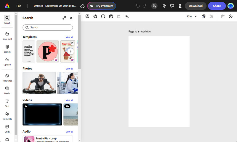adobe spark interface