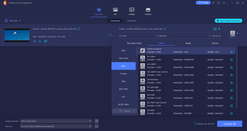 convert mkv to mov using AceThinker videlement