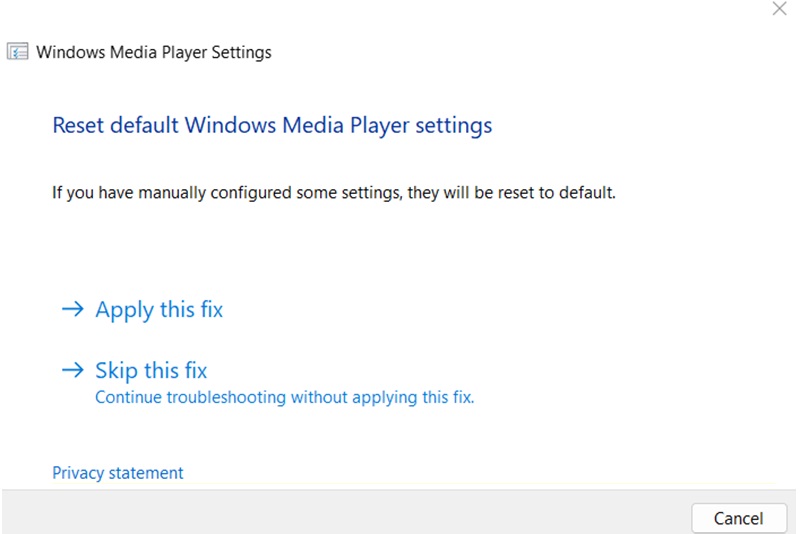 wmp settings and troubleshooter interface