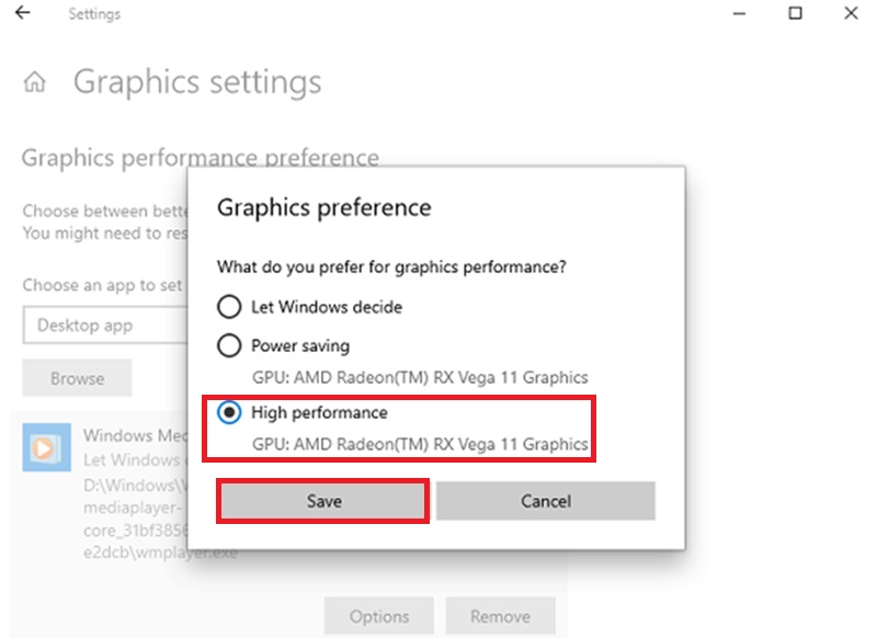 graphics preference interface