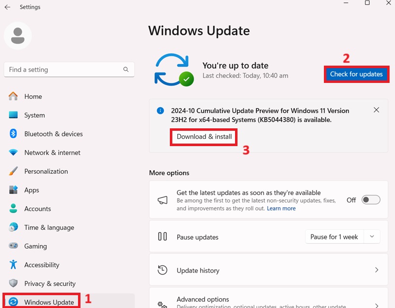 click windows update, check for updates and download & install