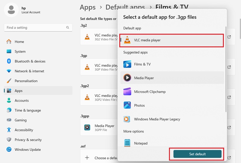 windows set vlc as default