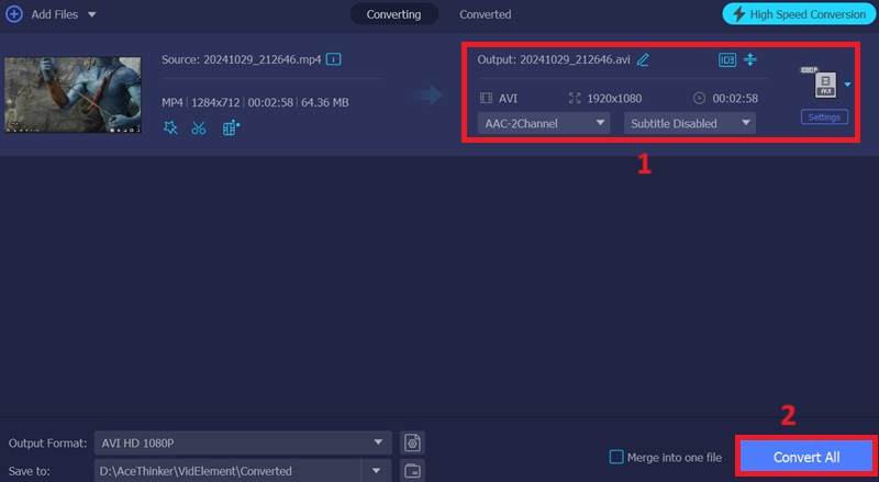 select avi and convert all button