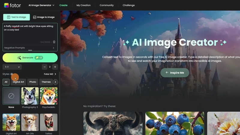 fotor ai image generator interface