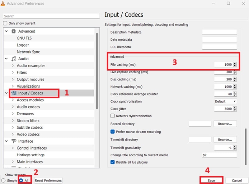 vlc advanced preferences window