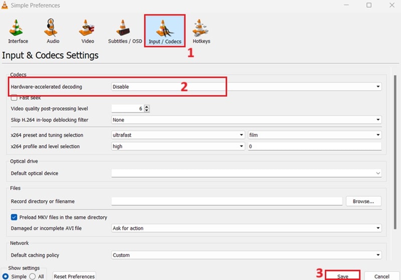 vlc input/codecs settings