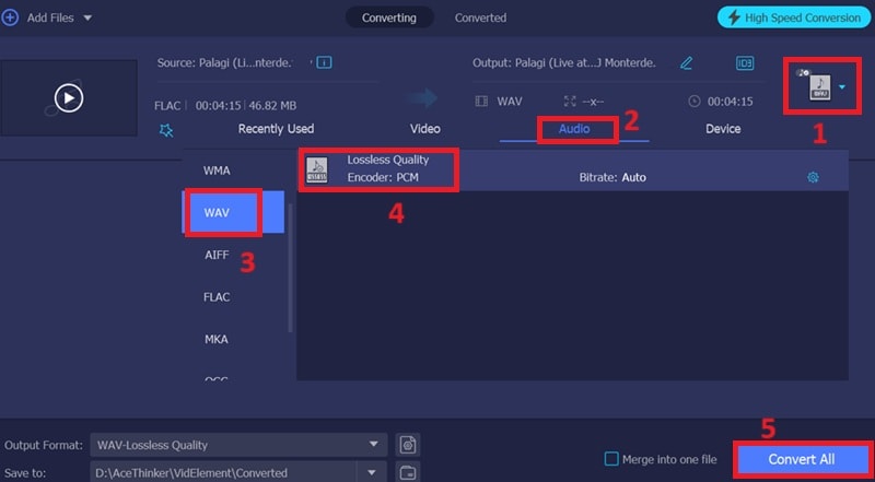 select wav format and hit convert