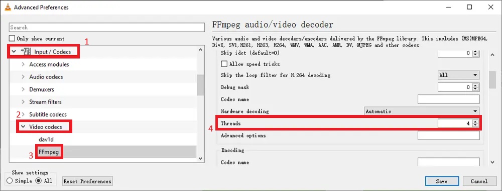 increase threads number in vlc