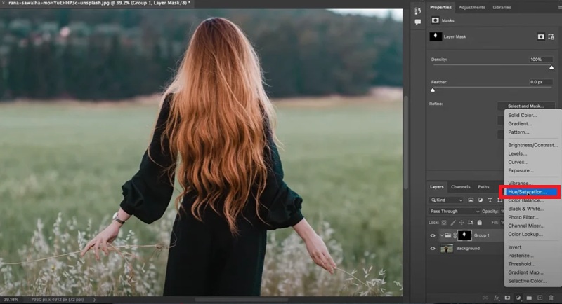 insert hue saturation adjustment layer