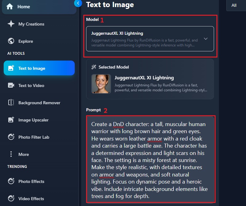 choose model and input text prompt