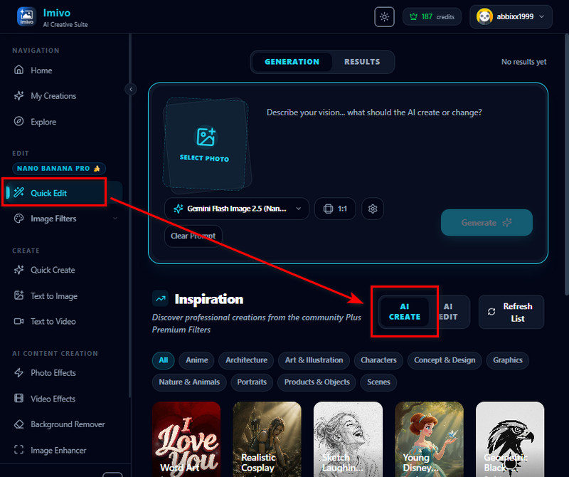navigate to the ai create tab