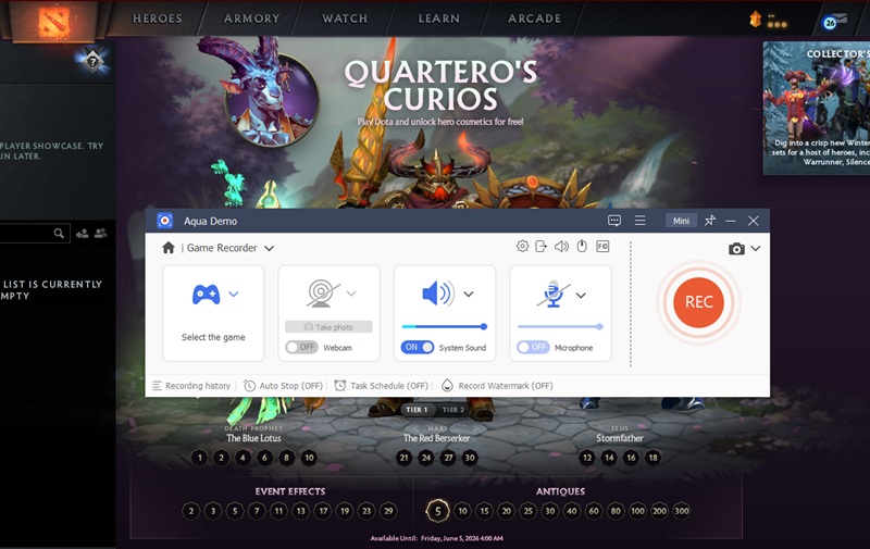 aqua demo interface record game on pc