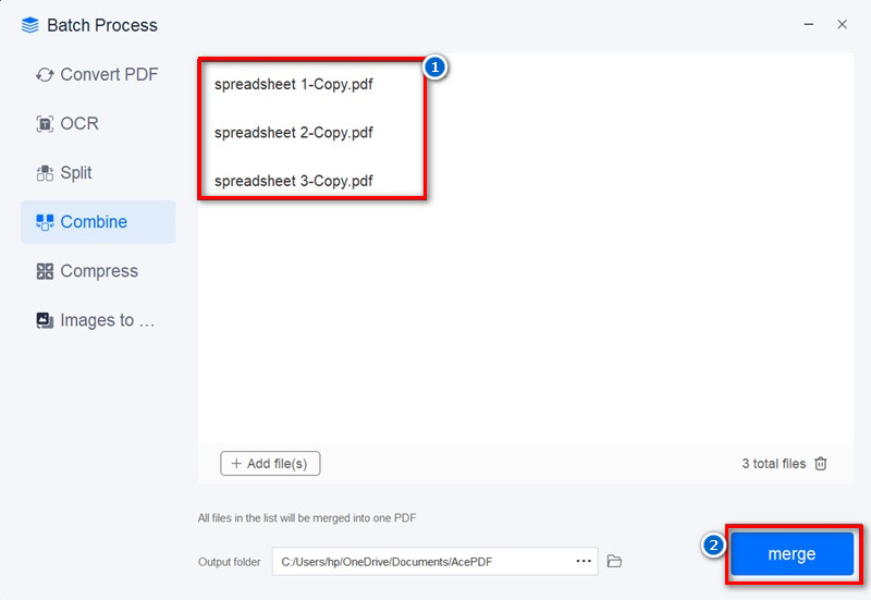 go to combine option and upload pdf files