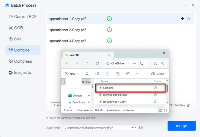 locate the combined file and preview it