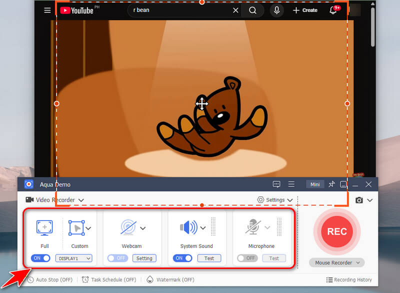 enable audio sources and select area to record