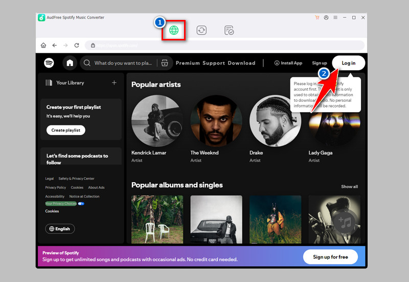 open audfree and login spotify account