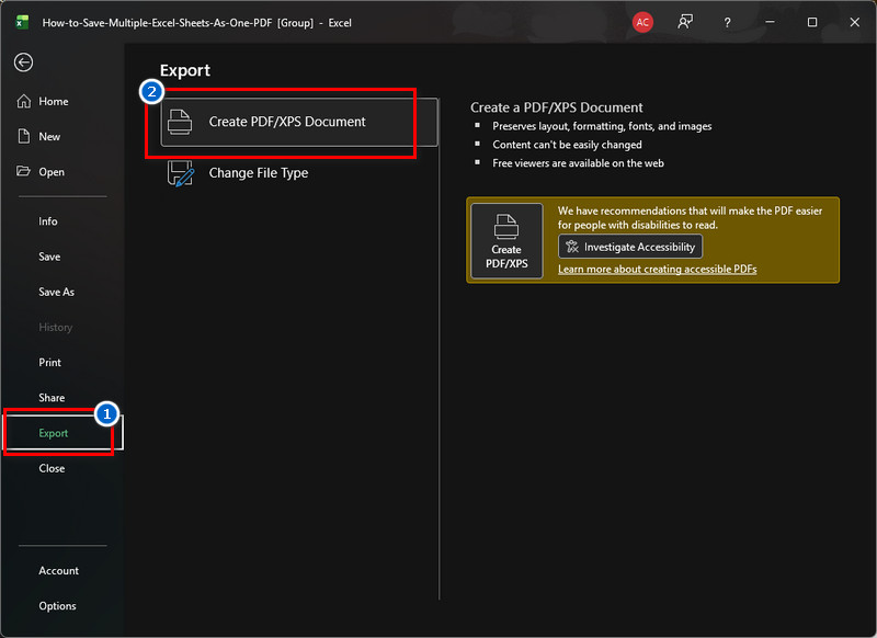 use export option on excel to convert into pdf