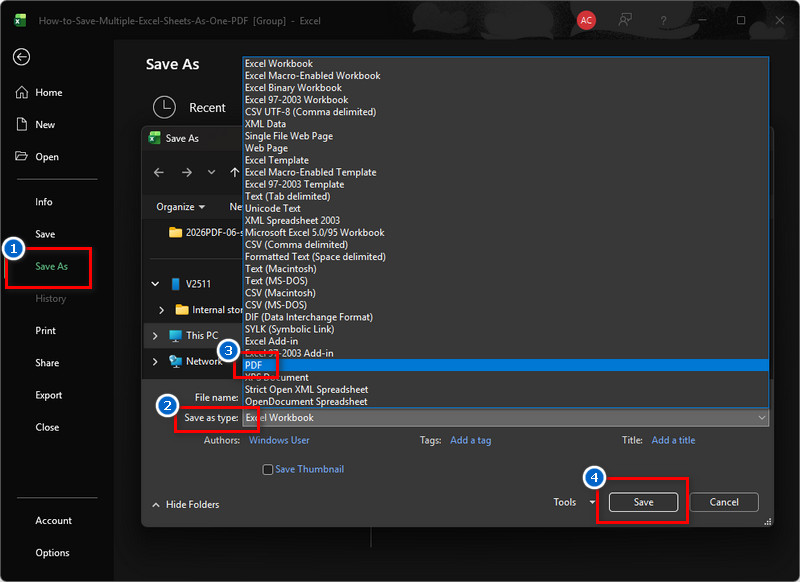 use save as option to save multiple excel as pdf