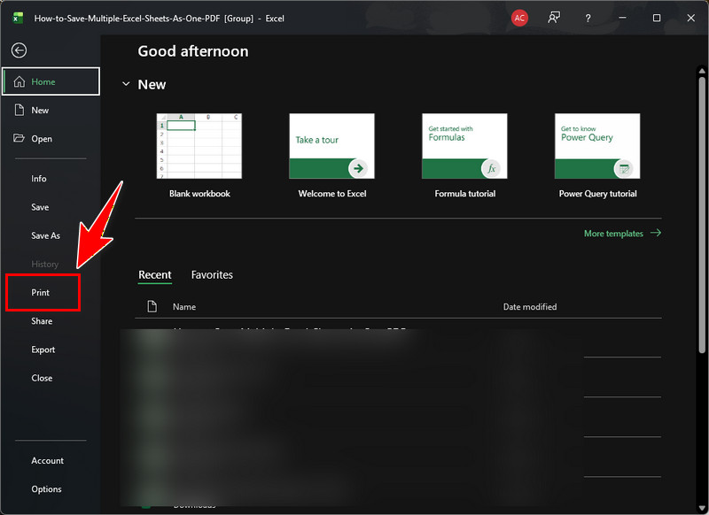 open excel workbook and go to print option