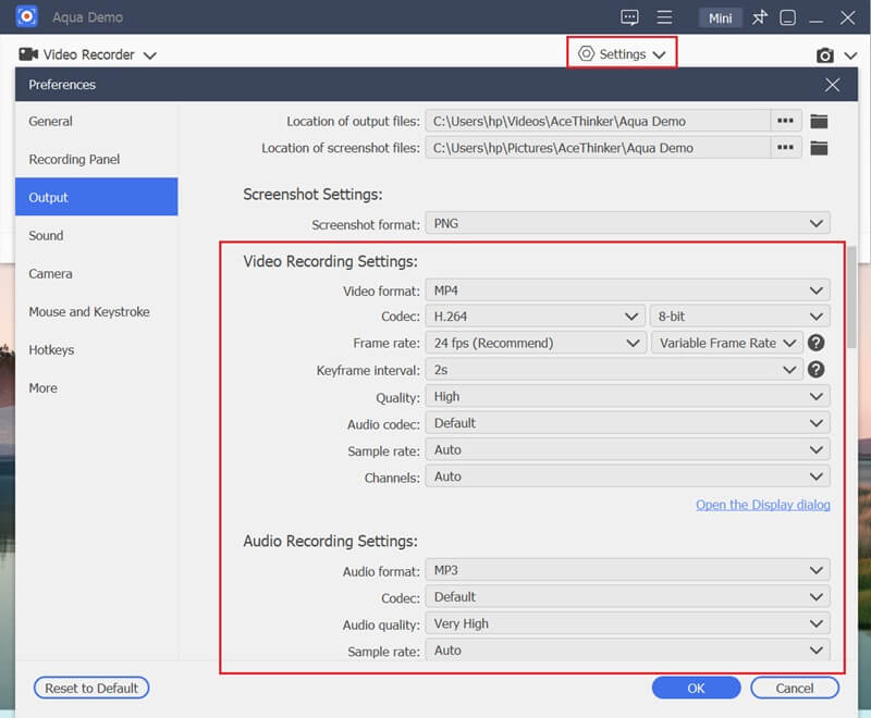 aqua demo adjust recording settings