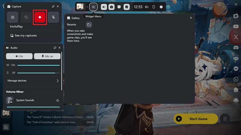 game bar start recording