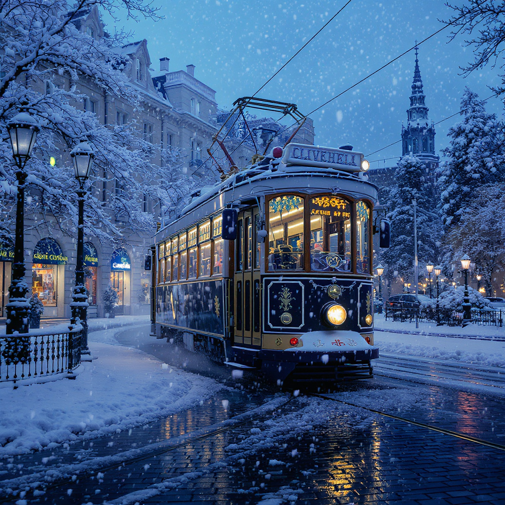 Snowy Tram Cityscape